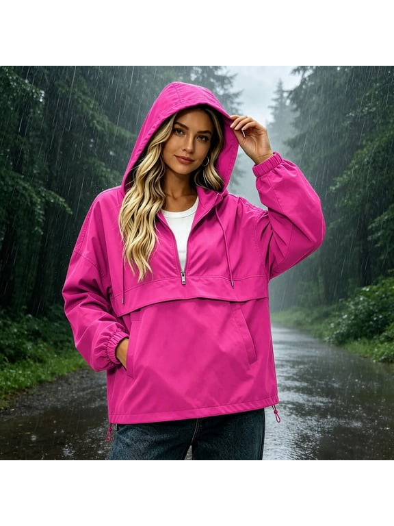 Womens Rain Jackets Windbreaker Quarter Zip Lightweight Windproof Waterproof Hooded Raincoats with Pockets Outdoor Casual Hiking 2026 Fall Winter Clothes Hot Pink M