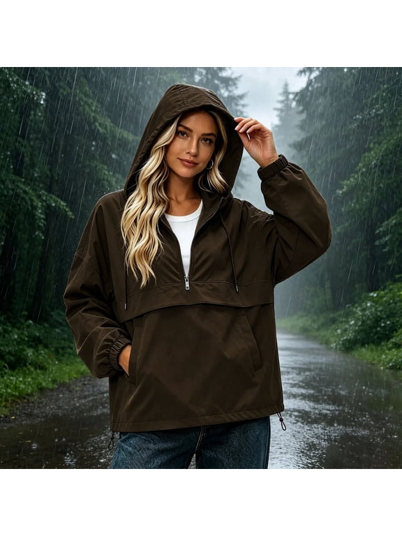 Womens Rain Jackets Windbreaker Quarter Zip Lightweight Windproof Waterproof Hooded Raincoats with Pockets Outdoor Casual Hiking 2026 Fall Winter Clothes Coffee 2XL
