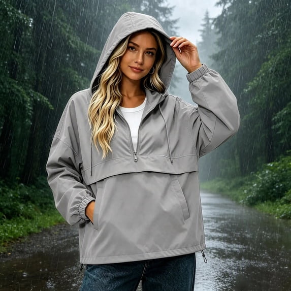 BRGZLK Womens Rain Jackets Windbreaker Quarter Zip Lightweight Windproof Waterproof Hooded Raincoats with Pockets Outdoor Casual Hiking 2026 Fall Winter Clothes Gray M