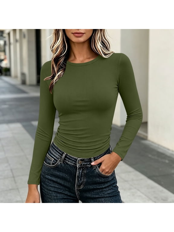 Womens Ribbed Long Sleeve Shirts Solid Color Crewneck Stretchy Basic Tee Lightweight Soft Cozy Moisture Wicking Layering Top Army Green M