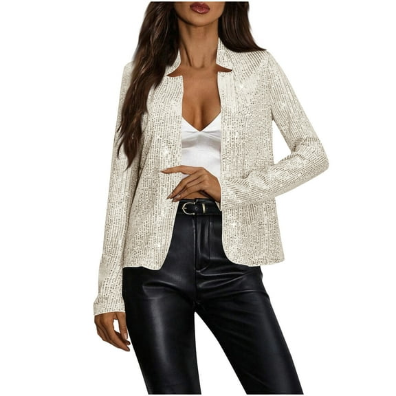 BRGZLK Womens Sequin Short Jackets Stand Up Collar Long Sleeve Cardigan Coat Glitter Blazer Casual Trendy Slim Fit Coat Party Clubwear Beige L
