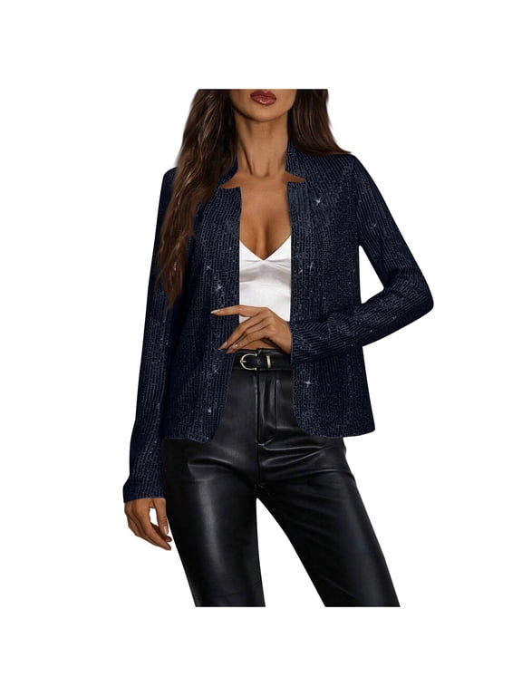 Womens Sequin Short Jackets Stand Up Collar Long Sleeve Cardigan Coat Glitter Blazer Casual Trendy Slim Fit Coat Party Clubwear Black L