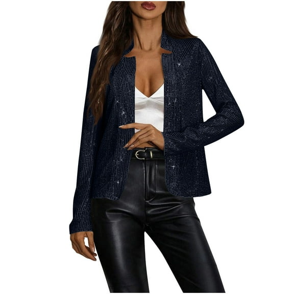 BRGZLK Womens Sequin Short Jackets Stand Up Collar Long Sleeve Cardigan Coat Glitter Blazer Casual Trendy Slim Fit Coat Party Clubwear Black XXL