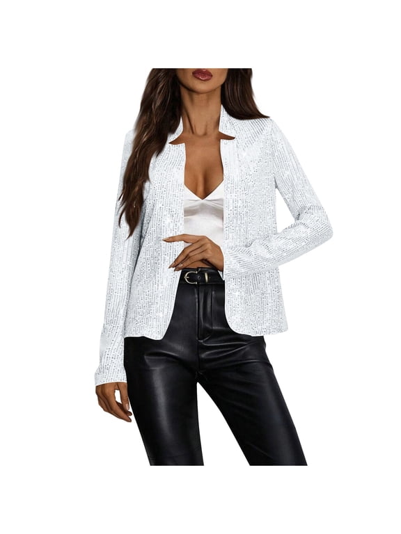 Womens Sequin Short Jackets Stand Up Collar Long Sleeve Cardigan Coat Glitter Blazer Casual Trendy Slim Fit Coat Party Clubwear White S