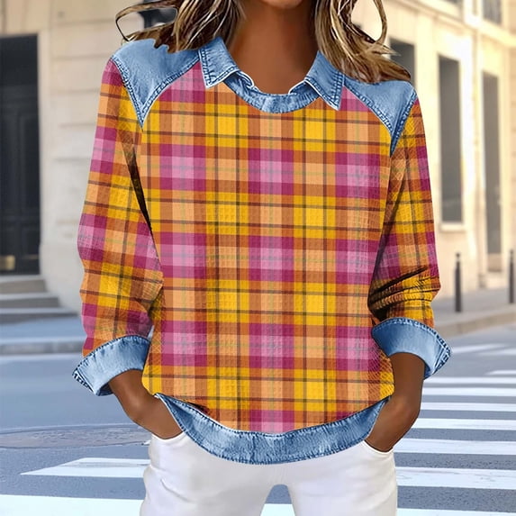BRGZLK Womens Short Sleeves Sweatshirts Lightweight Patchwork Denim Collared Round Neck Pullover Tops Retro Casual Streetwear Saint Patricks Day Shirt