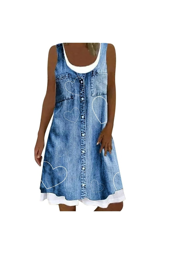 Womens Sleeveless Casual Denim Dress Trendy Vintage Fake Two Piece Imitation Denim Heart Print Round Neck Pullover Romper Dress with Pockets White XL