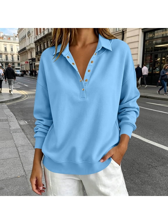 Womens Snap Button Sweatshirt Trendy Collared Long Sleeve Pullover Tops Drop Shoulders Ribbed Cuffs Sweatshirts Fall Winter Outfits Azure XL