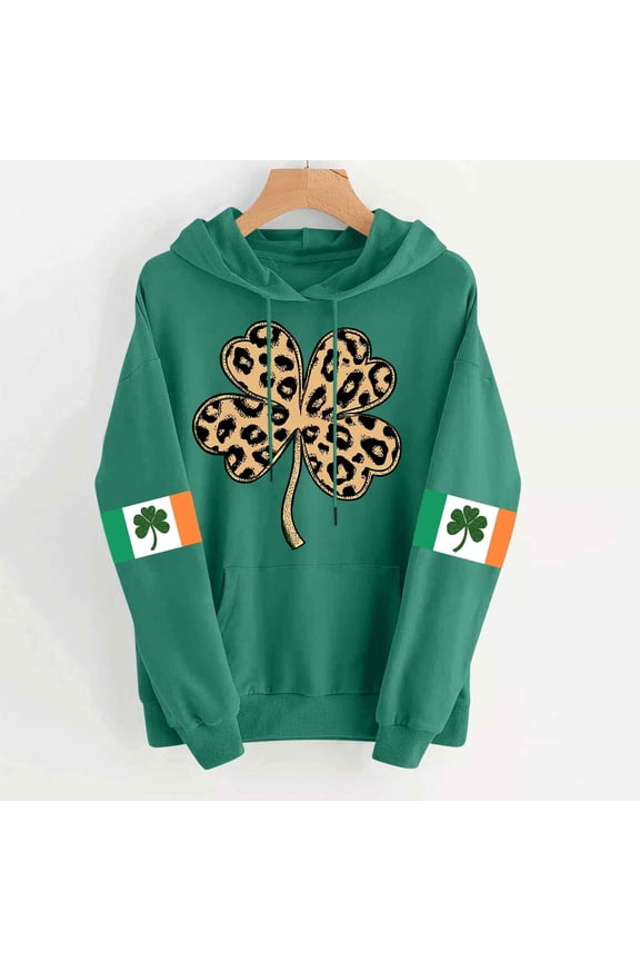 Womens St Patrick's Day Shirts Fashion Crewneck Leopard Plaid Shamrock Print Long Sleeve Tops Irish Clover Lightweight Hooded Sweatshirt Green XL