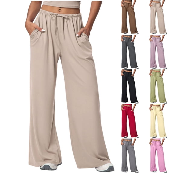 BRGZLK Womens Stretch Work Pants Business Casual Solid Color Wide Leg High Waisted Adjustable Lightweight Drawstring Trousers with Pockets
