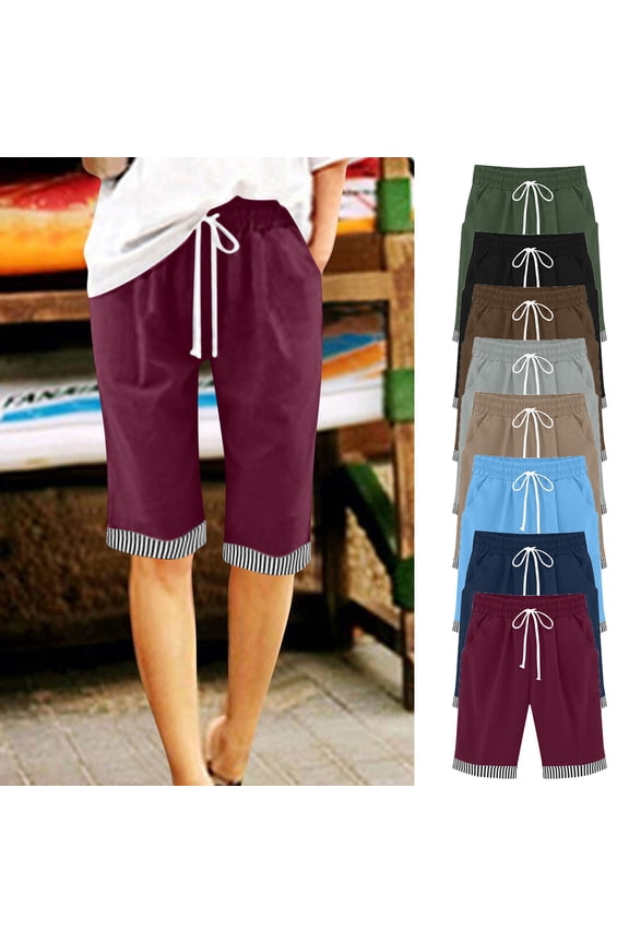 Womens Striped Patchwork Shorts Knee Length Cotton Drawstring Elastic Waist Wide Leg Shorts Summer Casual Beach Pant with Pockets
