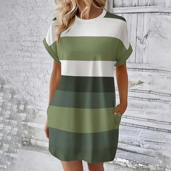 BRGZLK Womens Striped Summer Dresses 2026 Crewneck Color Block Short Sleeve Roll-Up Casual Soft Comfortable Midi Tshirt Dress with Pockets Green XL