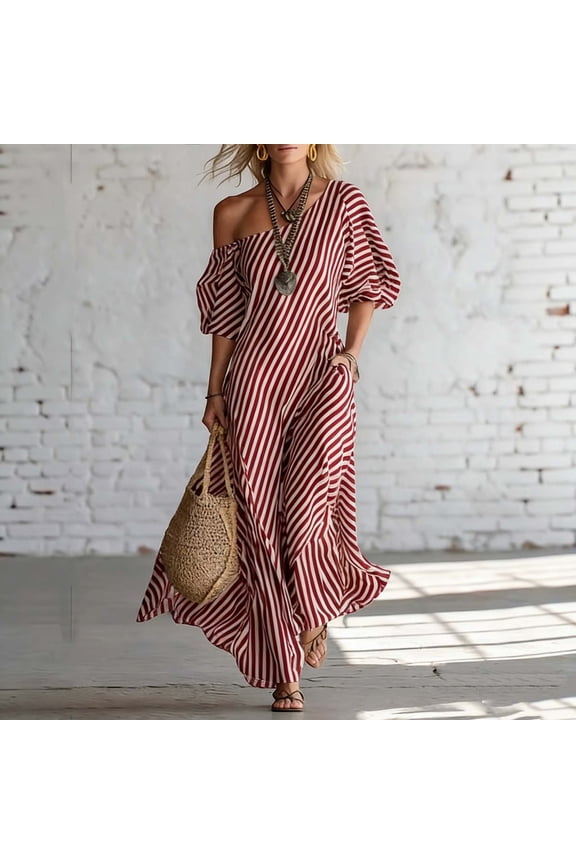 Womens Summer Dresses 2026 Off-Shoulder Puff Sleeve Classic Stripe Loose Elegant Sundress Boho Vacation Flowy Maxi Dress Red XL