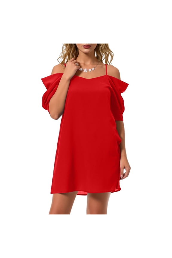Womens Summer Dresses Fashion Solid Color Casual Halter Off-Shoulder Spaghetti Strape Elegant Classy Business Work Mini Dress Cocktail Party Red L