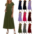 thumbnail image 1 of BRGZLK Womens Summer Modest Work Casual Solid Color Midi Knee Dress Pocket Short Sleeve Teacher Outfits Spring Travel Clothes, 1 of 7