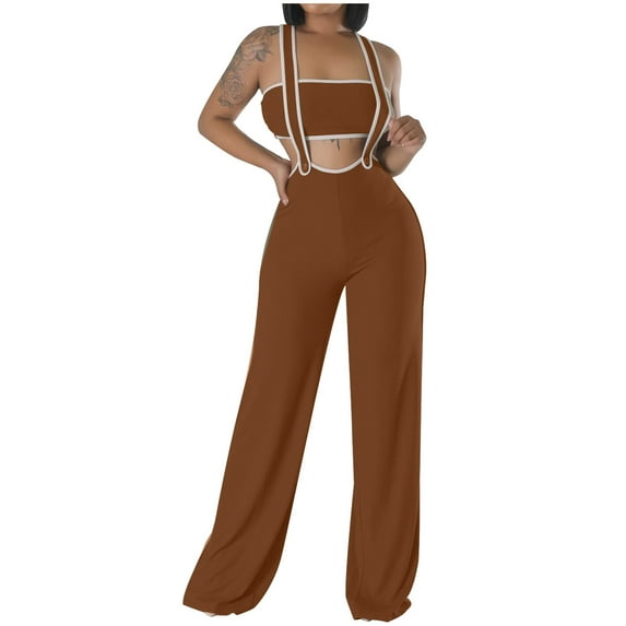 BRGZLK Womens Summer Sleeveless Jumpsuits Fashion Shoulder Strap Wide Leg Pants Set Summer Beach Vacation Outfits Brown XXL