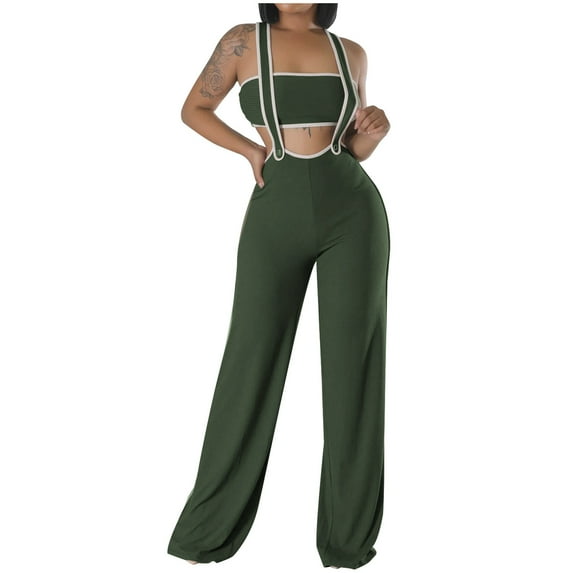 BRGZLK Womens Summer Sleeveless Jumpsuits Fashion Shoulder Strap Wide Leg Pants Set Summer Beach Vacation Outfits Green XL