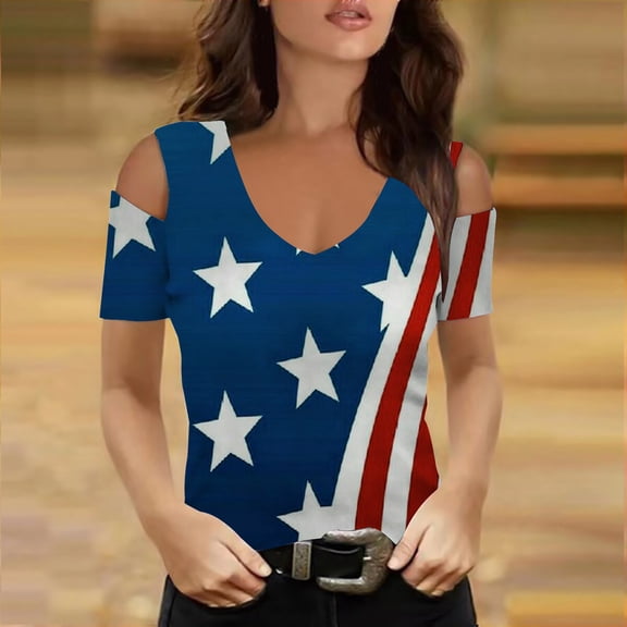 BRGZLK Womens Summer T-Shirt Fashion Independence Day Printed Tee Loose V Neck Casual Short Sleeve Strapless Blouse Top Dark Blue XXXL