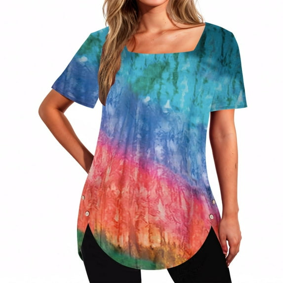 BRGZLK Womens Summer Tops Square Neck Trendy Asymmetric Print Color ...