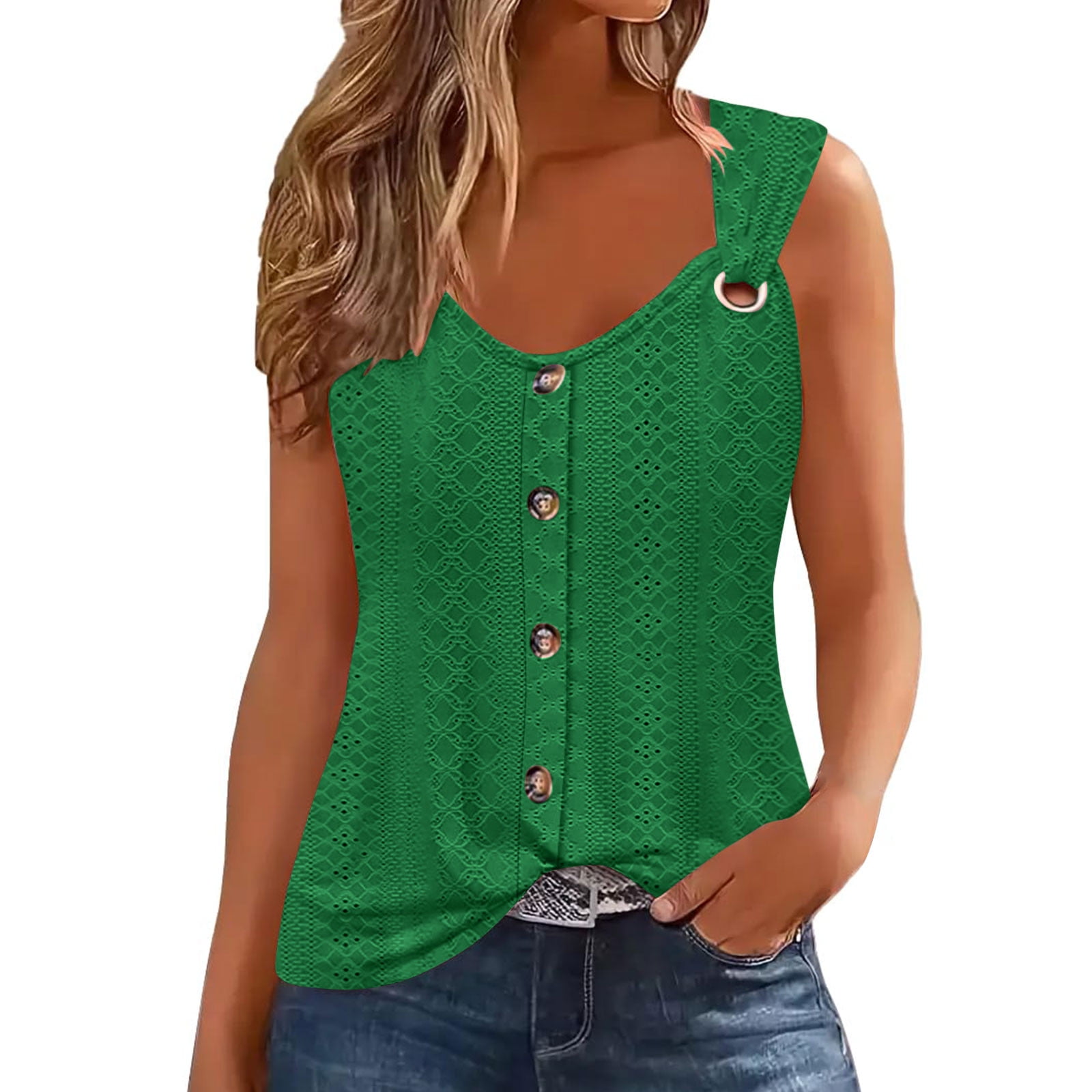 Tavimart NEW Summer Women Green Spaghetti Strap V-Neck Vintage Casual Sweet Streewear Hollow out Top