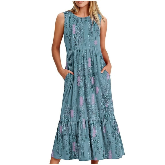 BRGZLK Womens Sundresses for Beach Vacation Round Neck Sleeveless Boho Floral Printed Pleated Long Dress for Spring Summer 2026 Blue XL