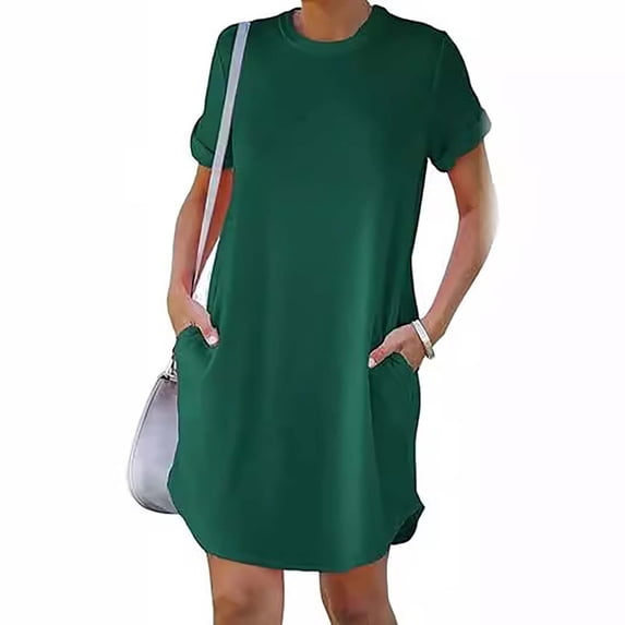 BRGZLK Womens T-Shirt Dress Fashion Summer Casual Crew Neck Sports Roll Up Sleeve Solid Color Double Pocket Short Sleeve Dress Basic Beach T Shirt Skirt Green XXL