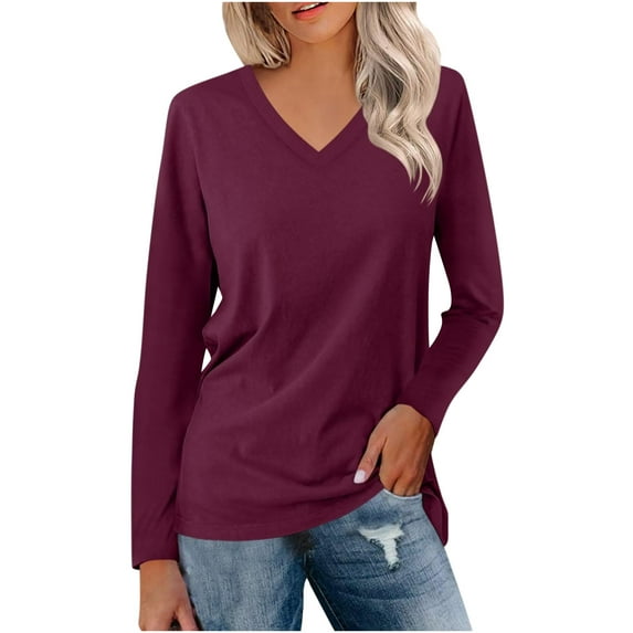 BRGZLK Womens Top Oversized Long Sleeve T Shirts 2025 Basic Solid V Neck Spring Tee Casual Workout Y2K Clothes Purple S
