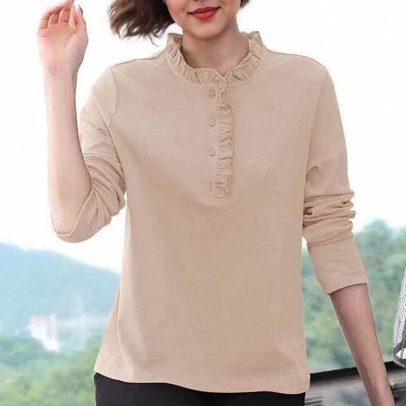 BRGZLK Womens Tops Solid Color Long Sleeve Frill Trim Button Down Ruffle Blouse Long Sleeve Lace Button Collar Base Layer Tops Beige XXL