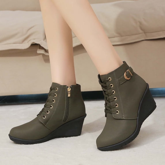 BRGZLK Womens Wedge Ankle Boots Leather Chunky Bottom Height Increasing Short Ankle Booties with Side Zipper Fashion Comfortable Fall Winter Walking Shoes Green 39