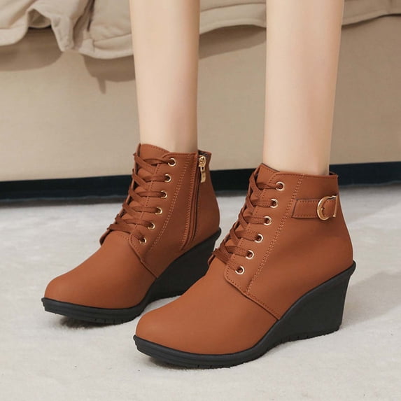 BRGZLK Womens Wedge Ankle Boots Leather Chunky Bottom Height Increasing Short Ankle Booties with Side Zipper Fashion Comfortable Fall Winter Walking Shoes Brown 39