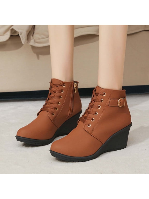 Womens Wedge Ankle Boots Leather Chunky Bottom Height Increasing Short Ankle Booties with Side Zipper Fashion Comfortable Fall Winter Walking Shoes Brown 39