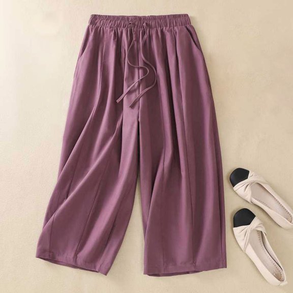 BRGZLK Womens Wide Leg Pants Fashion Solid Color Cotton Linen Retro Loose Pocket Casual Seven Points Pants Summer Beach Travel Vacation Trouser Purple XL