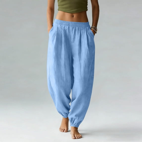 BRGZLK Womens Wide Leg Pants Summer 2026 Casual Trendy Solid Color Pleated Elastic Waist Ankle Cuff Lounge Trousers with Pockets Blue M