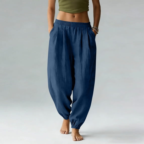 BRGZLK Womens Wide Leg Pants Summer 2026 Casual Trendy Solid Color Pleated Elastic Waist Ankle Cuff Lounge Trousers with Pockets Navy XL