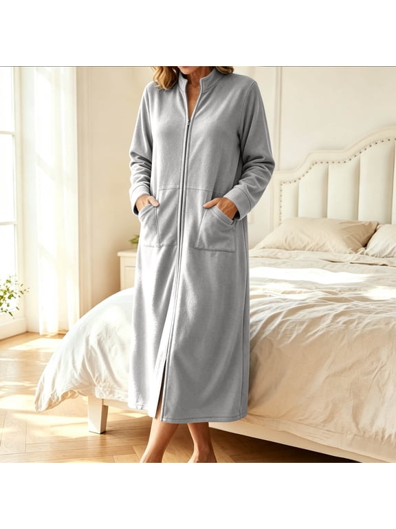 Womens Zipper Robe Trendy Stand Collar Long Sleeves Soft Bathrobe Full Length Housecoat Solid Color Soft Stretch Bath Robe with Pockets for Morning Night Wear Gray XL