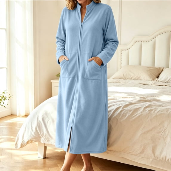 BRGZLK Womens Zipper Robe Trendy Stand Collar Long Sleeves Soft Bathrobe Full Length Housecoat Solid Color Soft Stretch Bath Robe with Pockets for Morning Night Wear Light Blue M