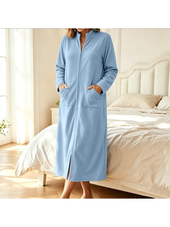 Womens Zipper Robe Trendy Stand Collar Long Sleeves Soft Bathrobe Full Length Housecoat Solid Color Soft Stretch Bath Robe with Pockets for Morning Night Wear Light Blue XL