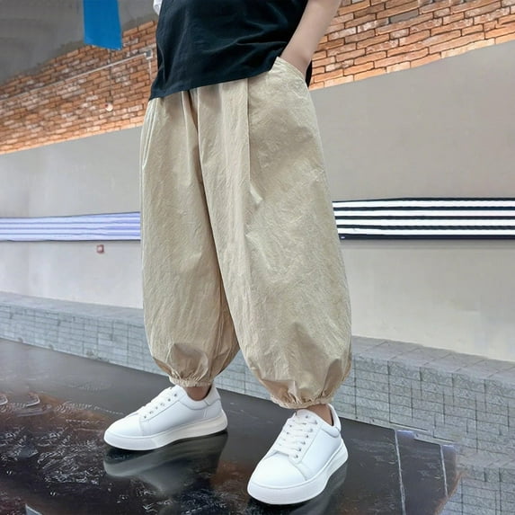 BRGZLK Work Pants for Kids Fashion Solid Color Elastic Waistband Relaxed Fit Lightweight Casual Joggers Pants with Side Pockets Khaki 14-15 Years