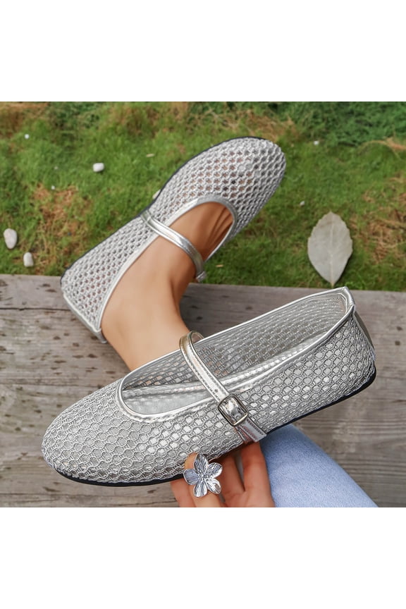 Woven Flats for Women Summer Casual Solid Color Lightweight Breathable Flats Soft Comfy Office Dressy Daily Shoes with Adjust Ankle Strap Silver 6