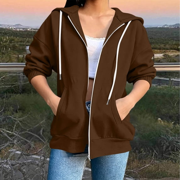 BRGZLK Zip Up Hoodie for Women Fall Oversized Drawstring Hoodies Casual 3/4 Sleeve Fleece Jacket Solid Color Cozy Sweatshirts with Pockets 2026 Brown M