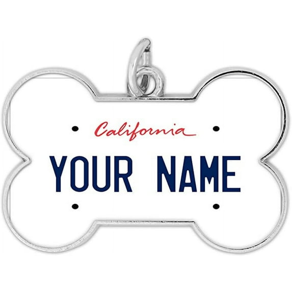 BRGiftShop Personalized Custom Name Bone Shaped Metal Pet ID Tag with Contact Information California State License Plate