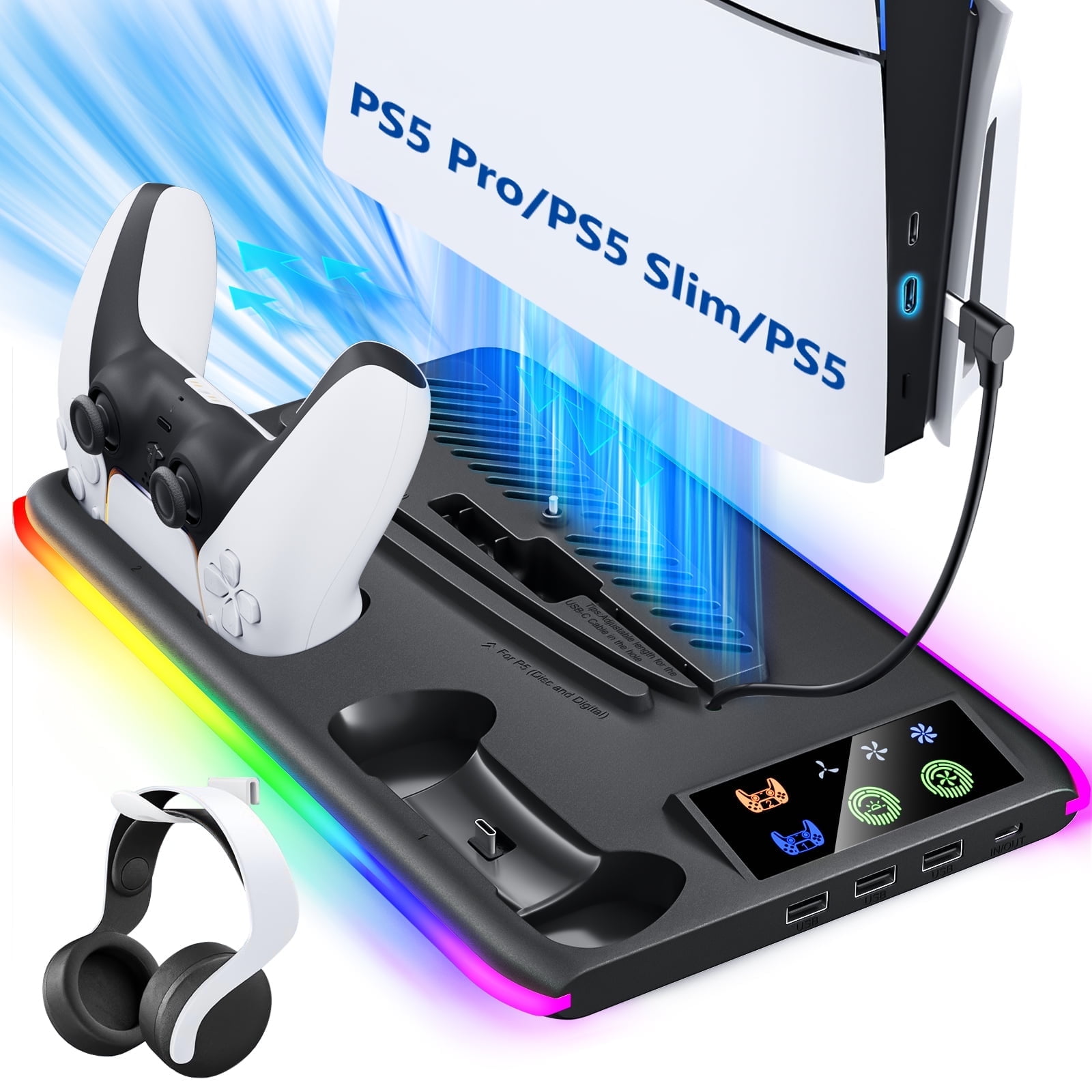 BRHE PS5/PS5 Slim /PS5 Pro Cooling & Charging Station ,PS5/ PS5 Slim/PS5 Pro Stand for Disc & Digital Console,PS5 Controller Charger,PS5 Accessories with 3 Charging Ports,Headset Holder (Black)