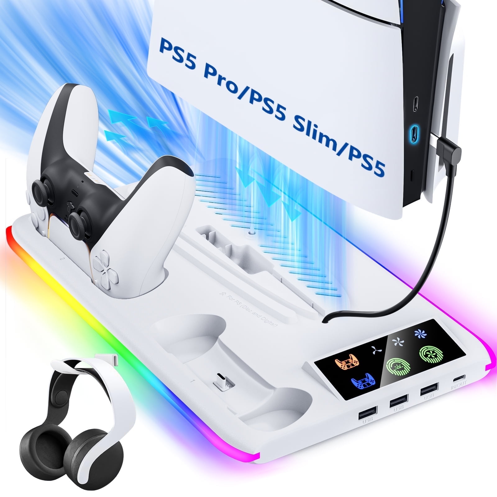 BRHE PS5/PS5 Slim/PS5 Pro Cooling & Charging Station ,PS5/ PS5 Slim/PS5 Pro Stand for Disc & Digital Console,PS5 Controller Charger,PS5 Accessories with 3 Charging Ports,Headset Holder (White)