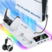 BRHE PS5/PS5 Slim/PS5 Pro Cooling & Charging Station ,PS5/ PS5 Slim/PS5 Pro Stand for Disc & Digital Console,PS5 Controller Charger,PS5 Accessories with 3 Charging Ports,Headset Holder White