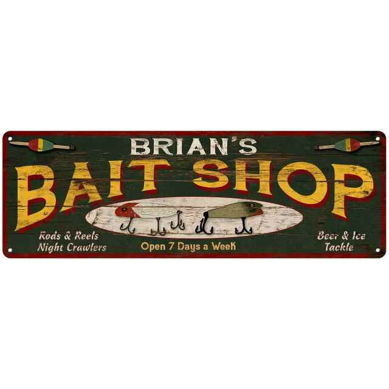 BRIAN'S Bait Shop Sign Wood Look Man Cave Den Gift 6x18 Metal 206180024023  