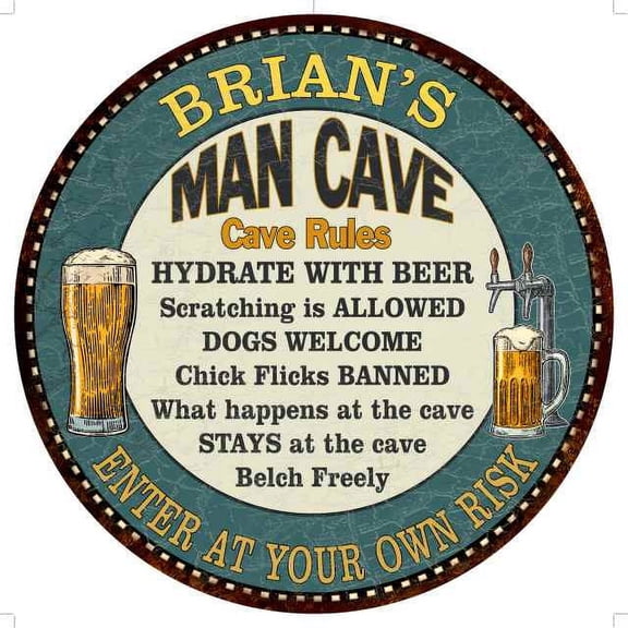 BRIAN'S Man Cave Rules 14" Round Metal Sign Garage Wall Decor 100140009131