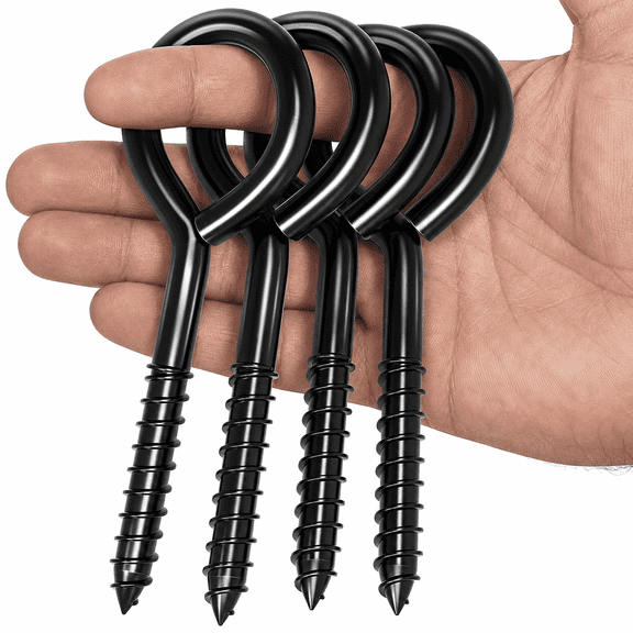 BRIARY - 4 Pack Eye Bolts Screw in Hooks for Hanging Tie-Downs,5 Inch Heavy Duty Large Screw in Eye Hooks, Eye Hammock Stand Hooks Screw, Heavy Indoor & Outdoor Uses,Black