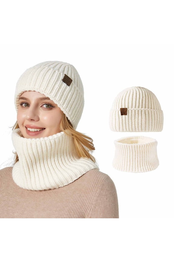 2 Piece Couple Unisex Winter Beanie Hat Scarf Warm Knit Hats Neck Scarf Set Winter Gifts White One Size
