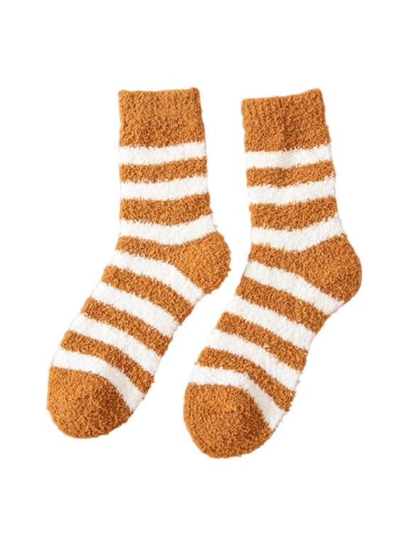 Adult Unisex Women Men Striped Thick Plush Warm Floor Socks Autumn Winter Soft Cozy Casual Middle Tube Socks Orange One Size