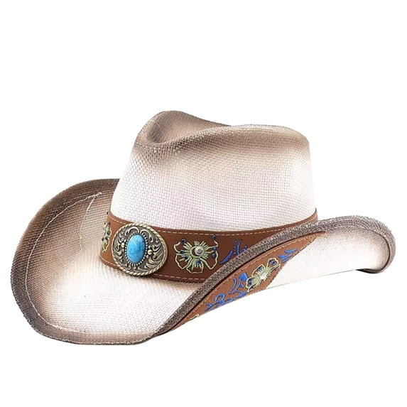 BRICH Cowboy Cowgirl Hat Western Cowboy Hats for Women Mens Straw Wide with Shapeable Brim White M