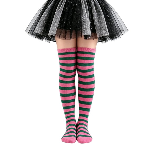 BRICH Girls Striped over Knee Socks Kids Long Thigh High Stockings for Parties Halloween Green One Size